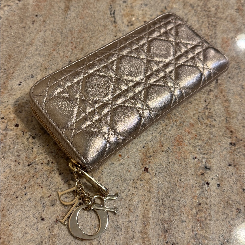 Lady Dior Cannage Metallic Gold Zip-around Wallet with Dior Charm